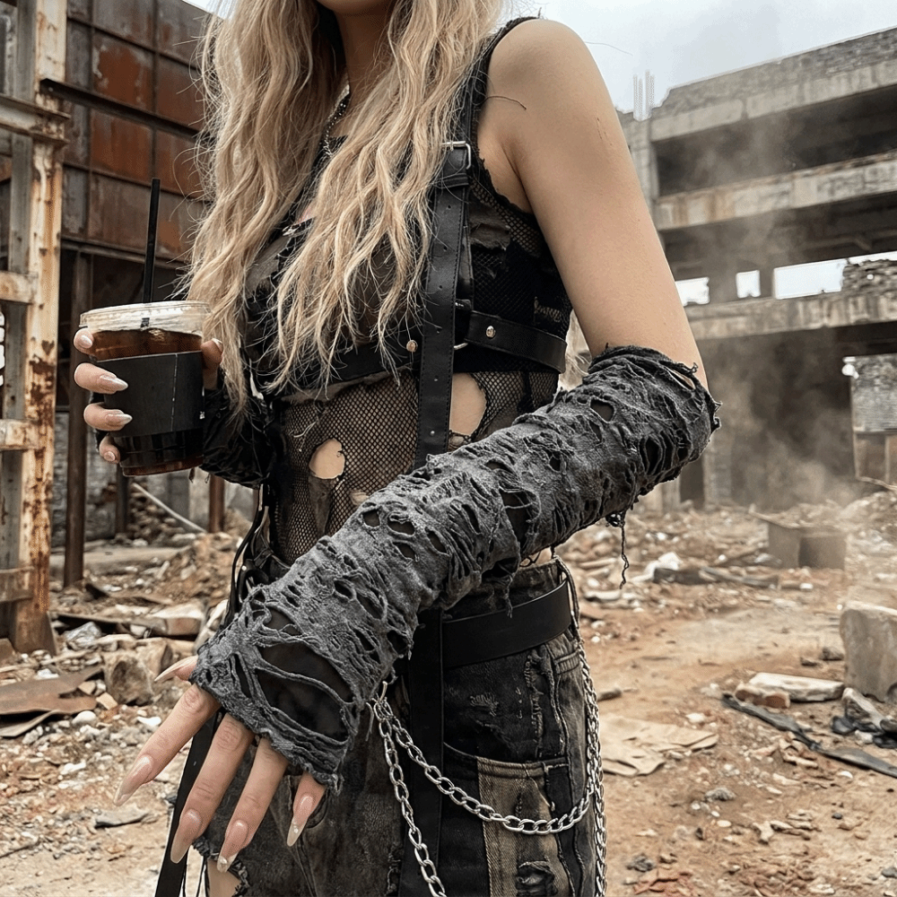 Vintage Long Punk Gloves Dark  - Fingerless Glove Knit ulasan dan harga