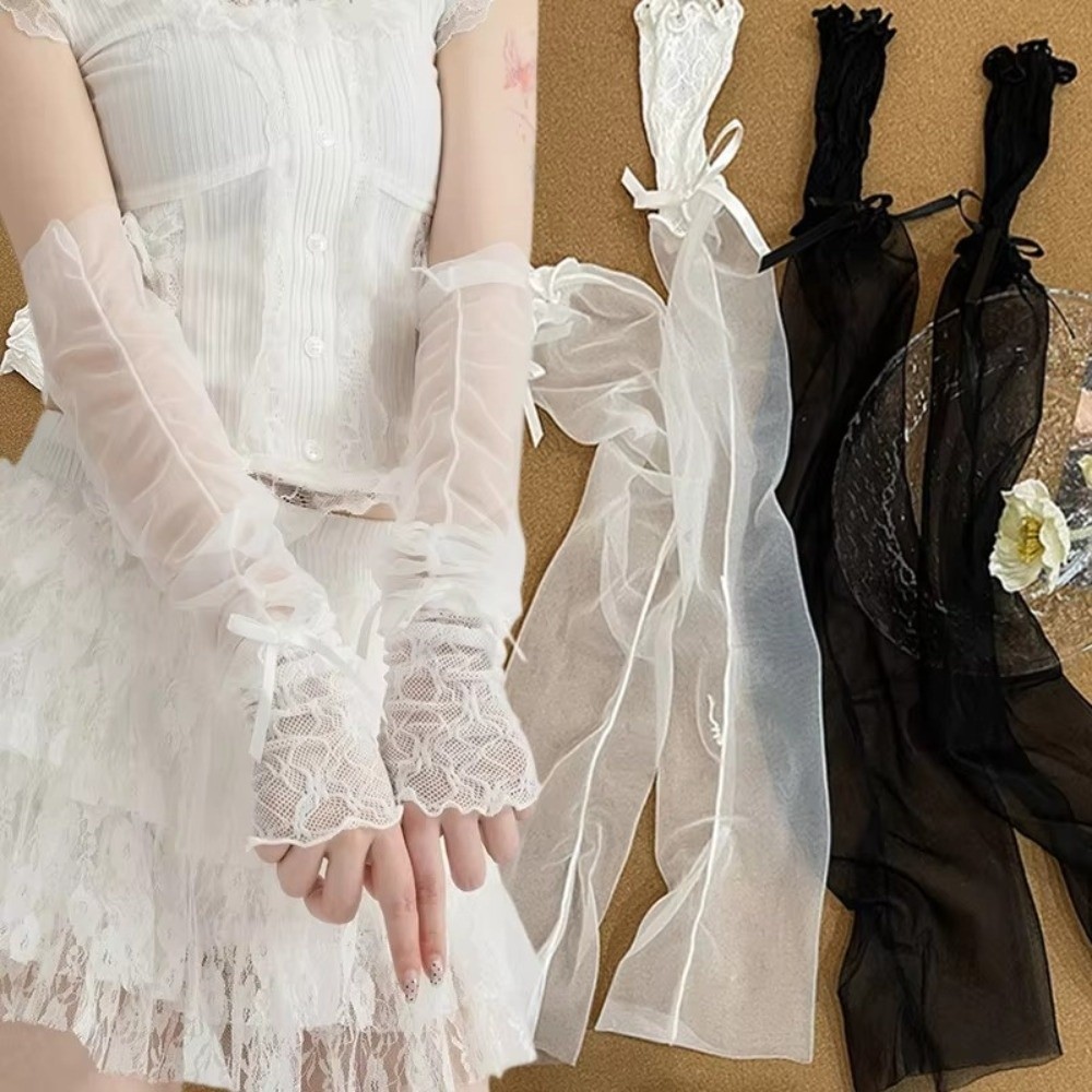 Y2K Lace Ruffle Mesh Gloves Bo - Fingerless Glove Knit ulasan dan harga